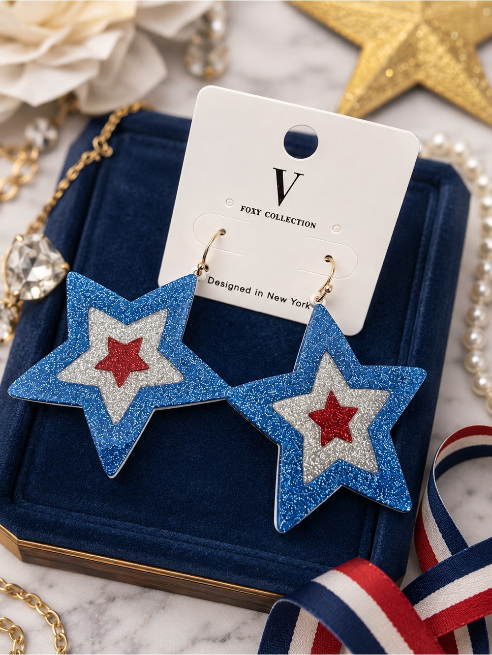 Glitter Star Earrings - Red, Silver & Blue